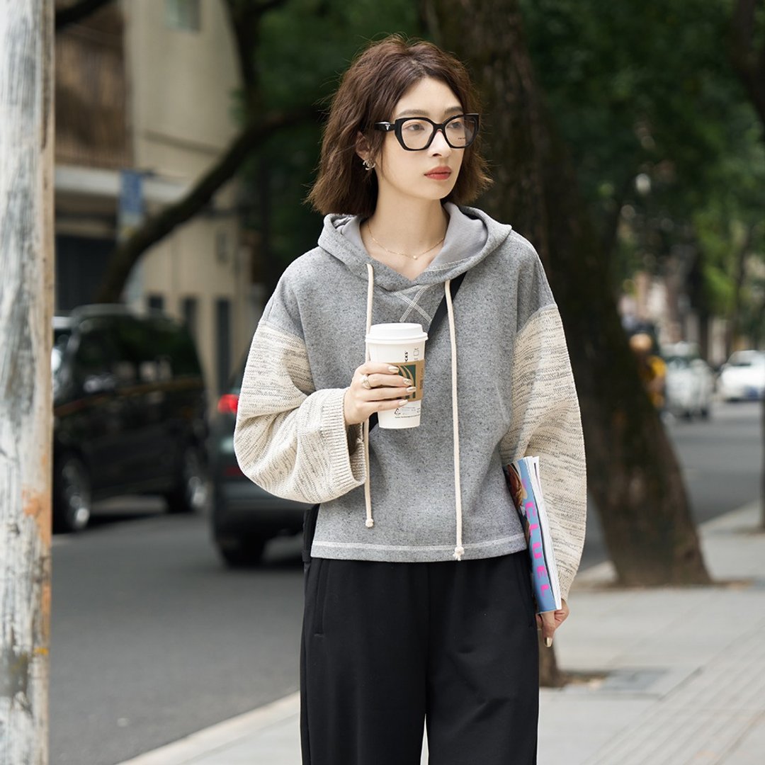 针织拼接连帽卫衣|外套|秋款|Sora-1313 - 女装上衣 - 棉 灰色