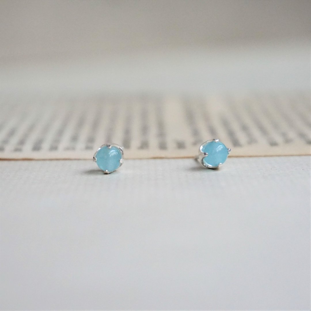 3月诞生石 - 水蓝玛瑙耳环 -- 诞生石耳针 Birthstone - 耳环/耳夹 - 半宝石 蓝色