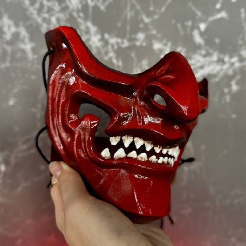 红色武士面具、面颊护面、日本鬼面具、恶魔风格半面具角色扮演 - 口罩 - 树脂 红色