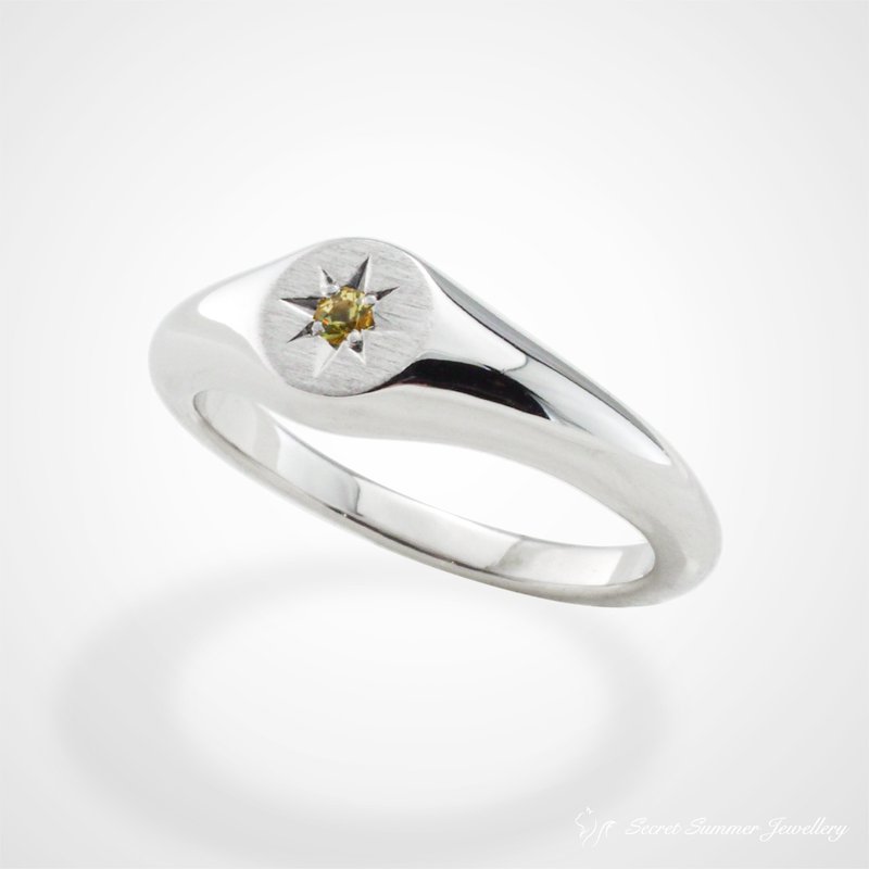 手工925纯银x天然宝石【生日石/猫瞳色系列】古董星芒图章戒指 - 戒指 - 纯银 多色