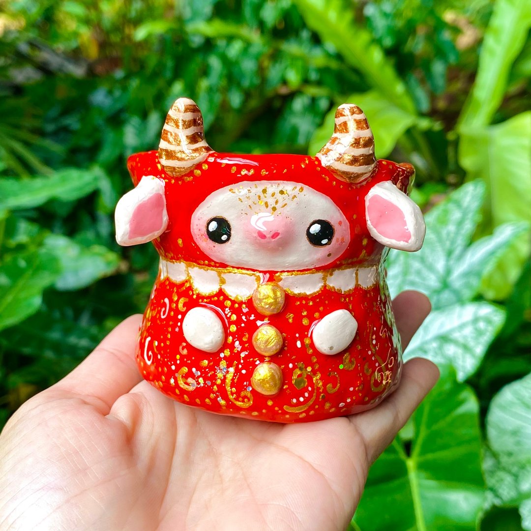 红帽怪兽陶罐 树脂涂布花盆，附排水孔 - 花瓶/陶器 - 陶 红色