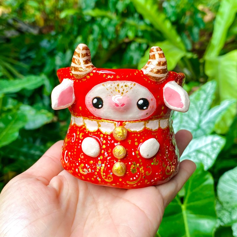 红帽怪兽陶罐 树脂涂布花盆，附排水孔 - 花瓶/陶器 - 陶 红色