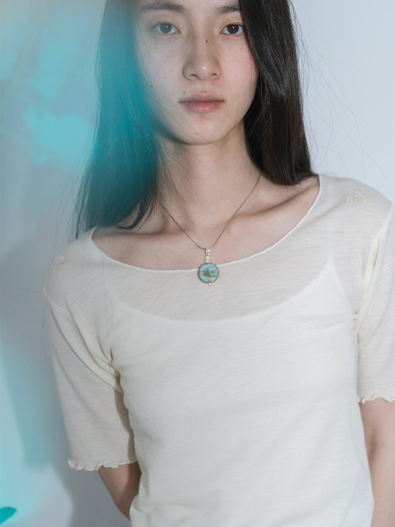澳洲美丽诺羊毛花边刺绣舒适透感半袖羊毛打底衫 T 恤 - 女装上衣 - 羊毛 白色