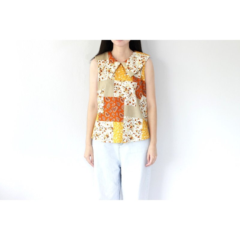 前后三角形领拼接无袖上衣，黄色调 - 女装上衣 - 棉．麻 黄色