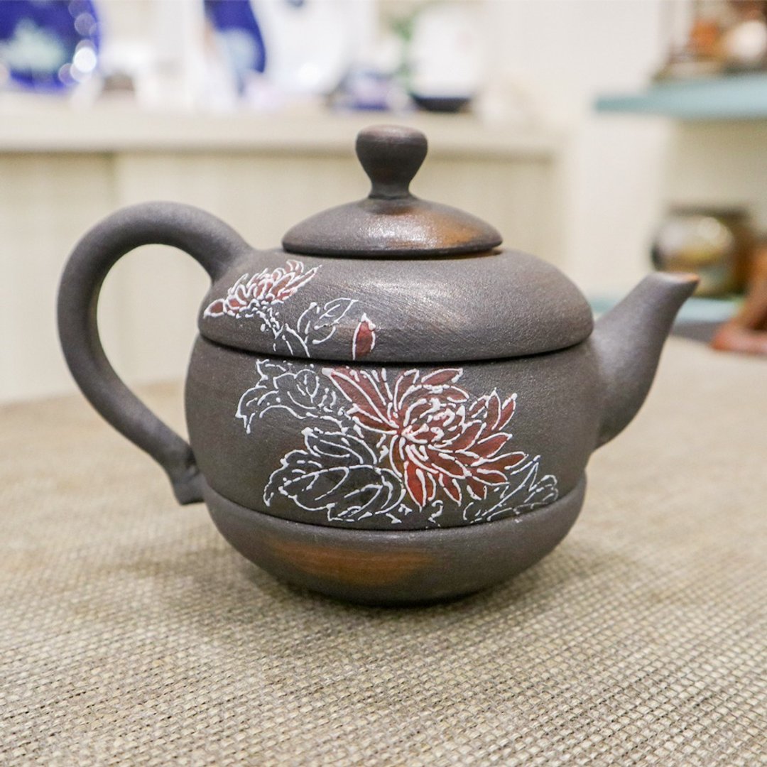 茶香东篱菊 手工柴烧 璇玑壶 180cc - 茶具/茶杯 - 陶 咖啡色