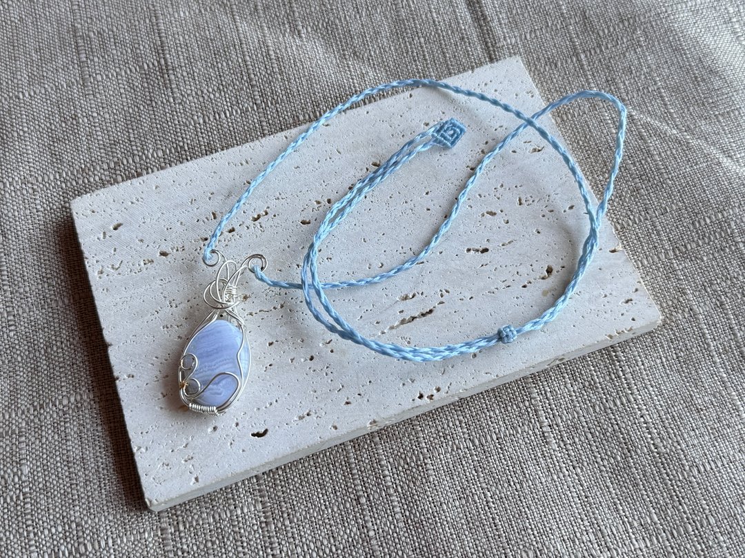 #230612 wire wrapping 蓝纹玛瑙 铜线 绕线 吊堕 - 项链 - 铜/黄铜 蓝色