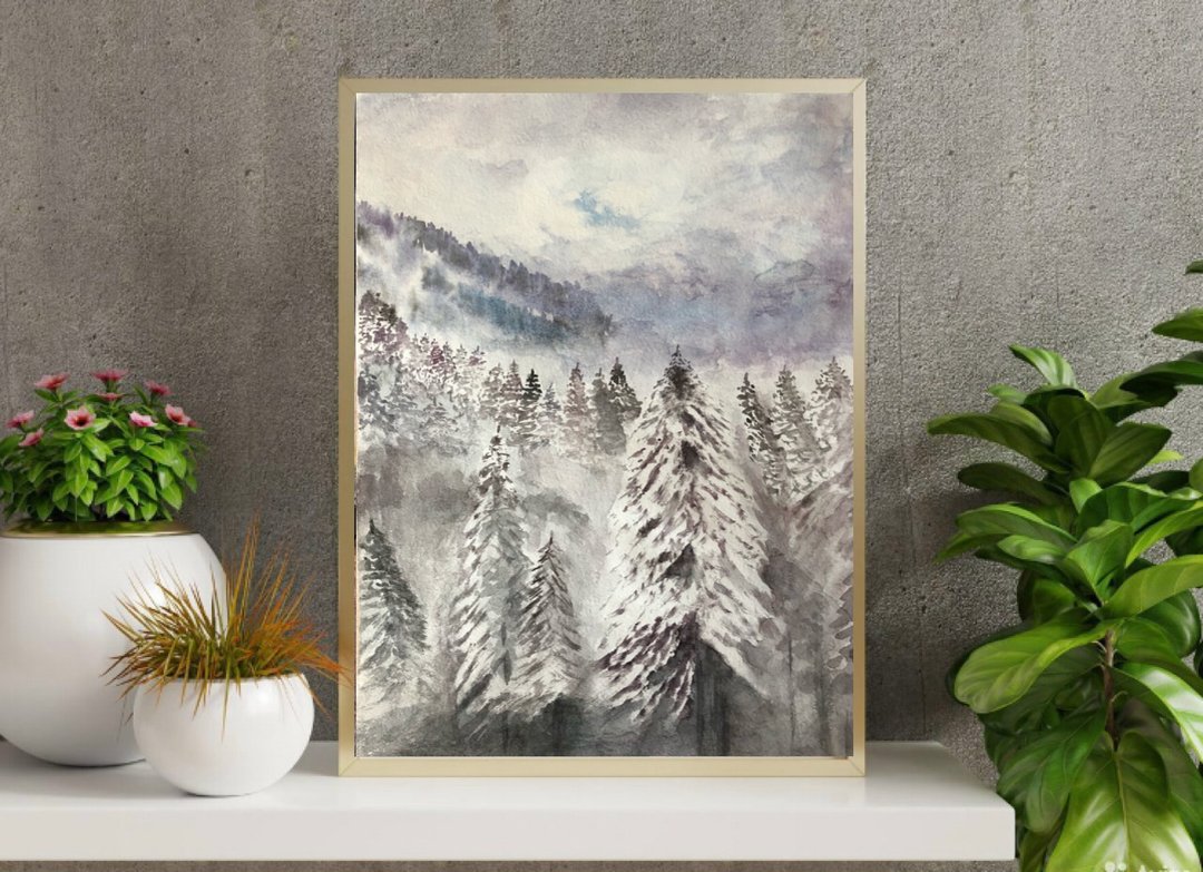 Winter forest original watercolour painting landscape modern painting wall art - 墙贴/壁贴 - 其他材质 灰色