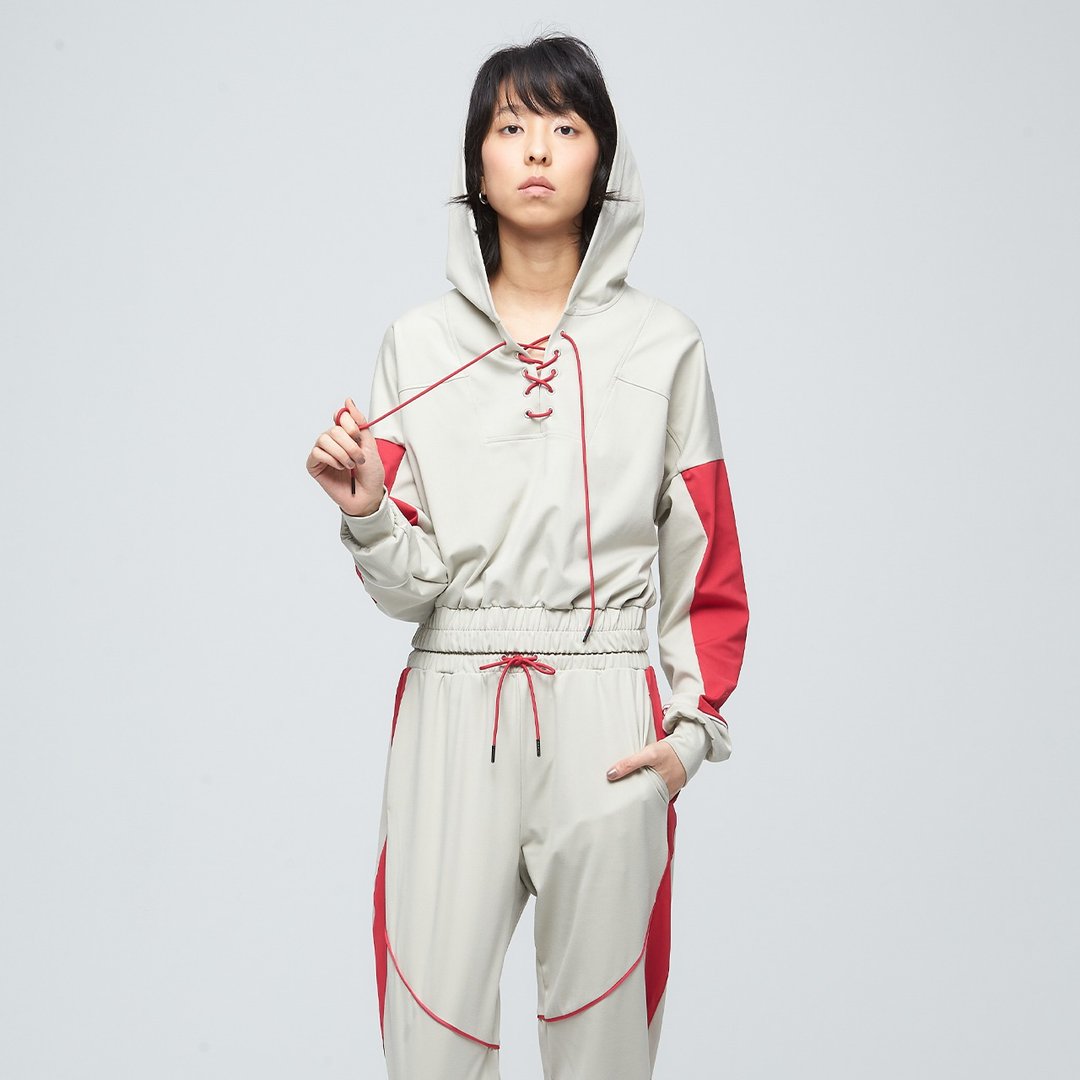 不可退换 /拼接logo短版连帽上衣(女)-灰毛柳 - 中性连帽卫衣/T 恤 - 聚酯纤维 多色