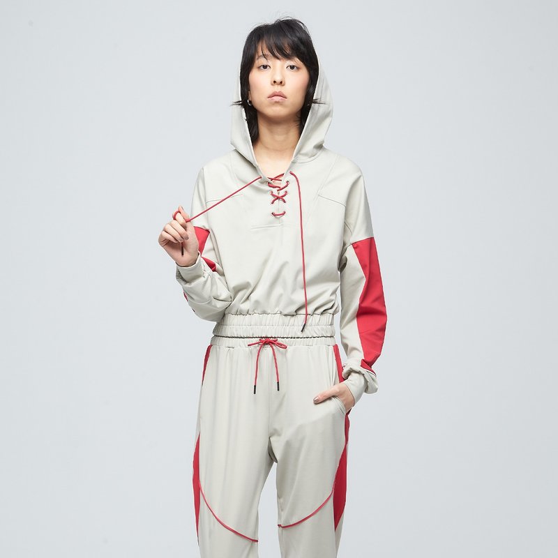 拼接logo短版连帽上衣(女)-灰毛柳 - 中性连帽卫衣/T 恤 - 聚酯纤维 多色