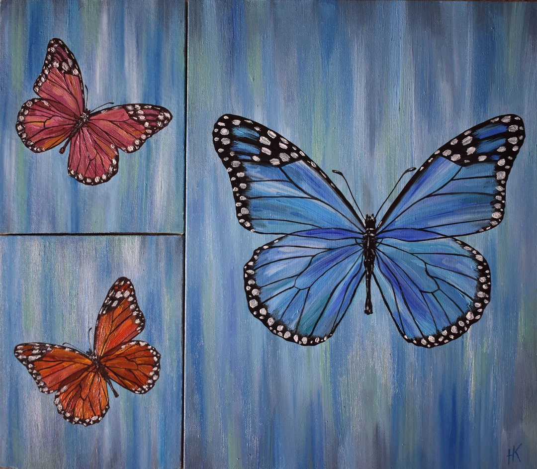 Butterflies Painting Canvas Oil Painting Original Art Triptych Oil Painting Blue - 海报/装饰画/版画 - 其他材质 蓝色