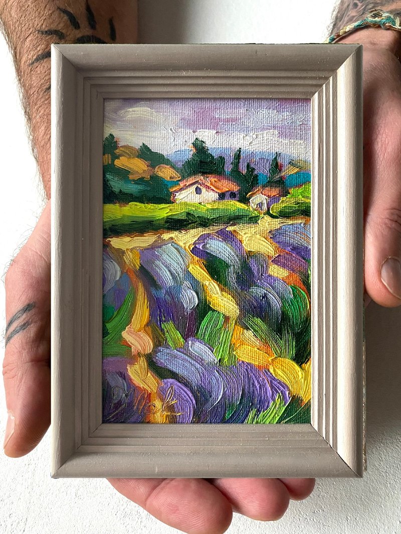 薰衣草田绘画托斯卡纳原创艺术风景油画厚涂小幅艺术品 4x6 托斯 - 墙贴/壁贴 - 木头 