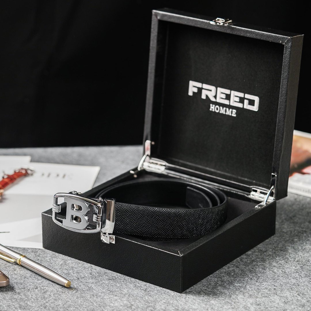 【FREED】时尚英文字母扣头商务头层牛皮自动皮带 - 皮带/腰带 - 真皮 黑色