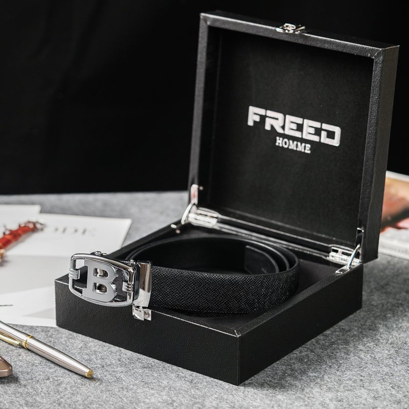 【FREED】时尚英文字母扣头商务头层牛皮自动皮带 - 皮带/腰带 - 真皮 黑色