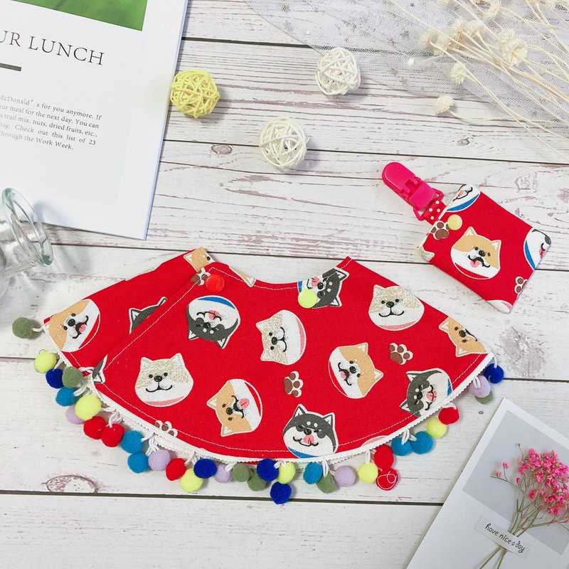 幸福宝宝围兜兜+平安福袋礼盒组-柴柴红 - 满月礼盒 - 棉．麻 红色