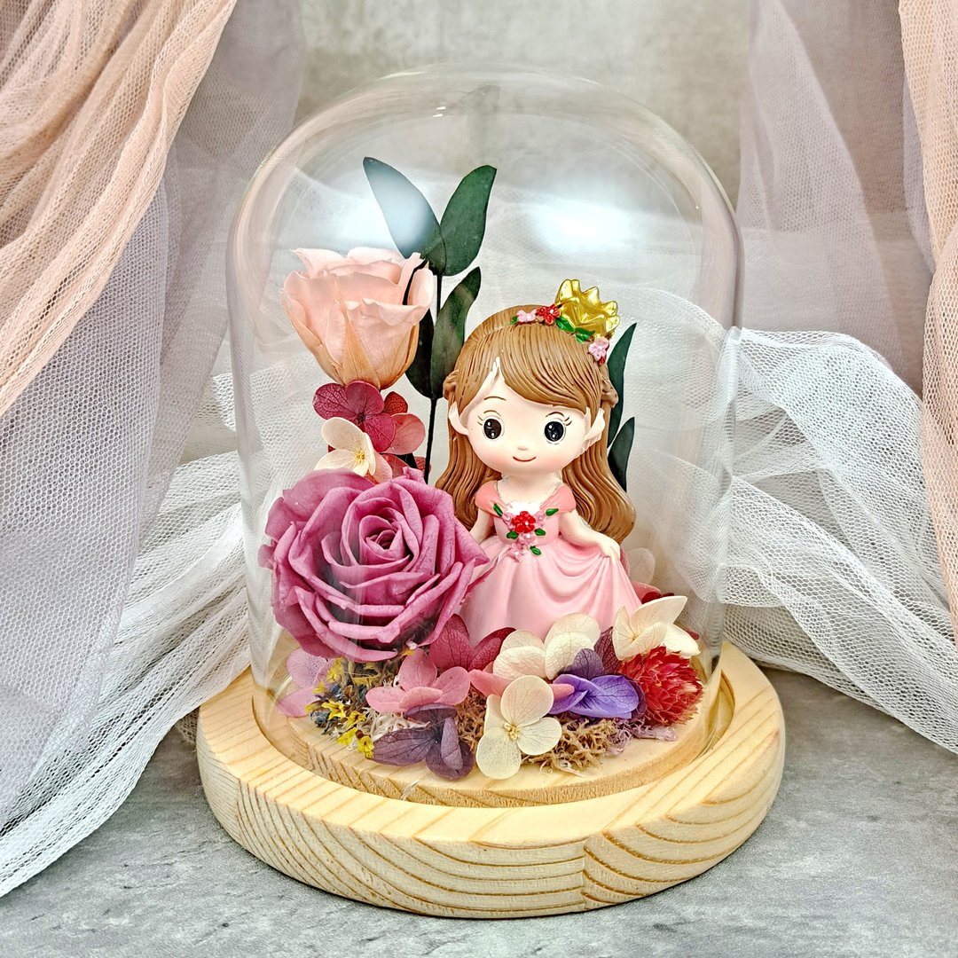 永生花玻璃罩 生日礼物 小公主 永生玫瑰 情人节礼物 PF045 RD - 干燥花/捧花 - 植物．花 粉红色