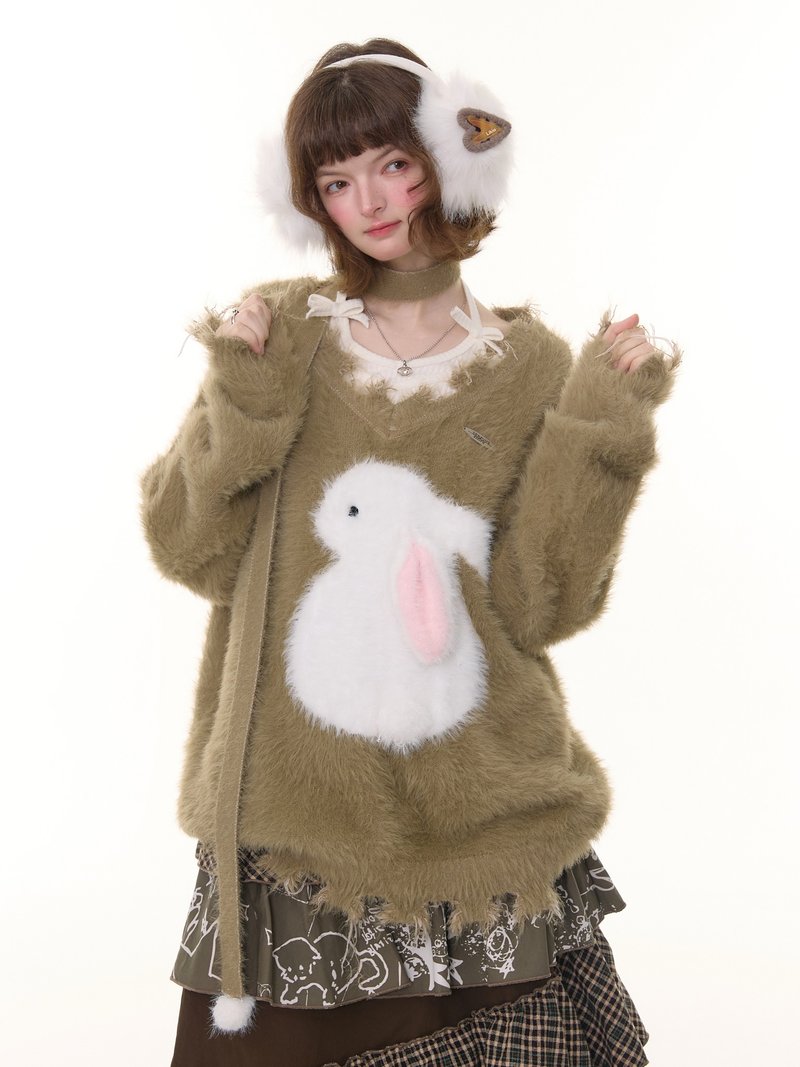 ziziFei秋冬新款美式复古设计感慵懒风软糯毛绒兔子破边V领毛衣女 - 女装针织衫/毛衣 - 其他材质 