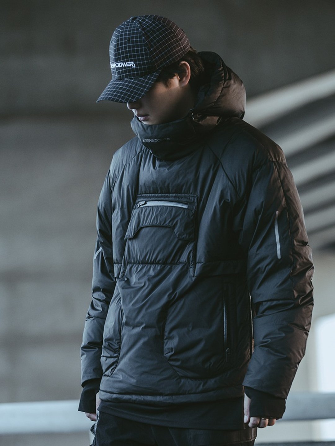 机能 套头羽绒服 冬季 连帽 双拉链 多口袋外套 - 男装外套 - 聚酯纤维 黑色