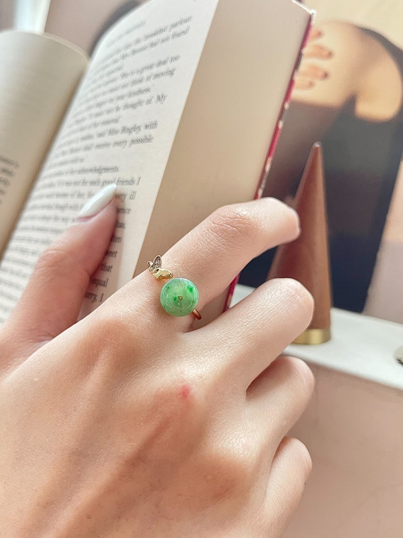 冰果绿平安扣翡翠戒指     |天然缅甸翡翠 - 戒指 - 玉石 金色