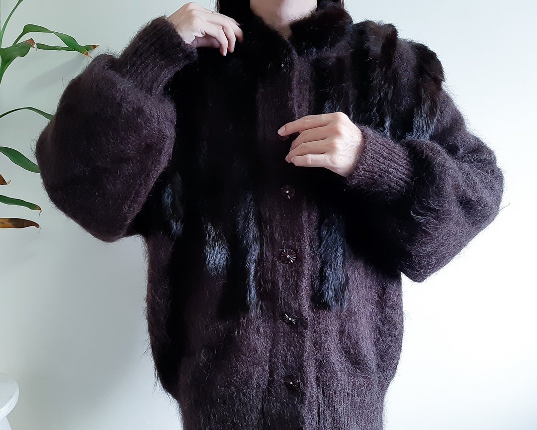 复古马海毛毛绒开衫 毛边饰以深棕色超大款蓬松外套 尺码 L-XL - 女装针织衫/毛衣 - 羊毛 咖啡色