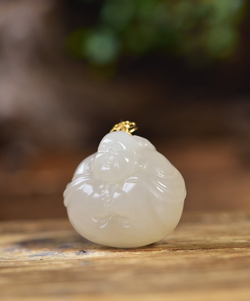 秒杀价 天然和田玉18K藕粉佛吊坠 雕工精致 - 吊饰 - 玉石 