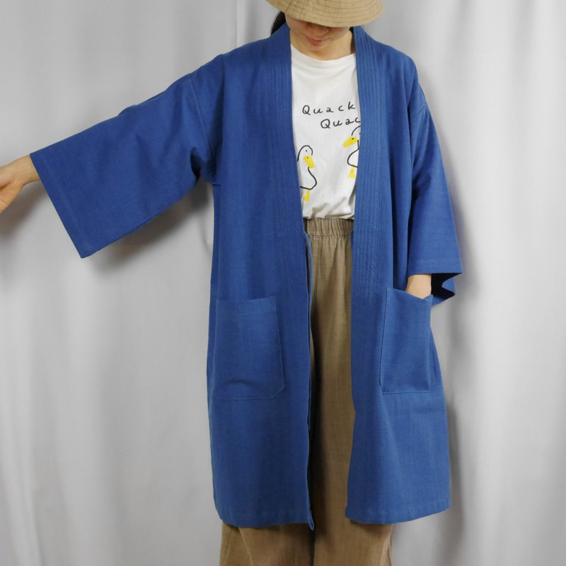 Handwoven cotton long Kimono...bow tie (blue) - 女装休闲/机能外套 - 棉 蓝色