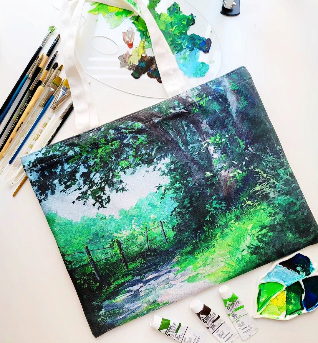 【CherryNgArt】棉布袋 | 环保袋 | 水粉画 | 购物袋 | 森林系 - 手提包/手提袋 - 棉 绿色