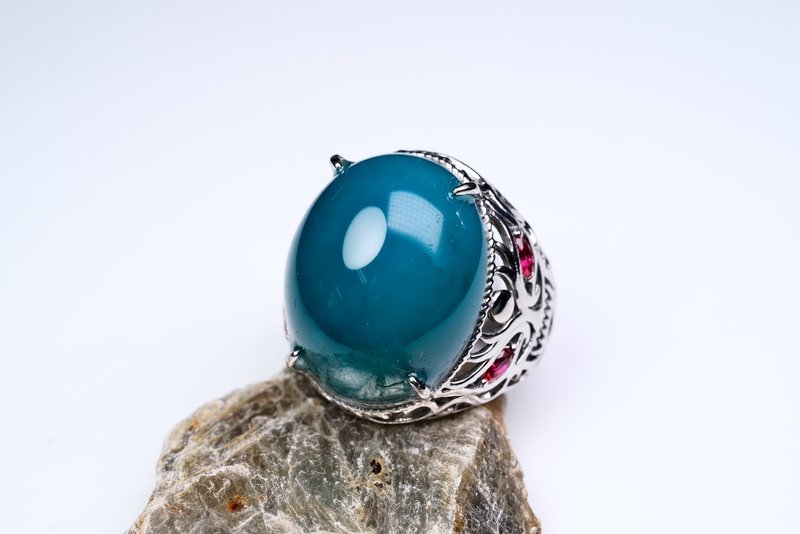 TBF - 天然 印尼 蓝玉髓 俗称 台湾蓝宝 霸气戒台 顶级 变色龙 - 戒指 - 玉石 