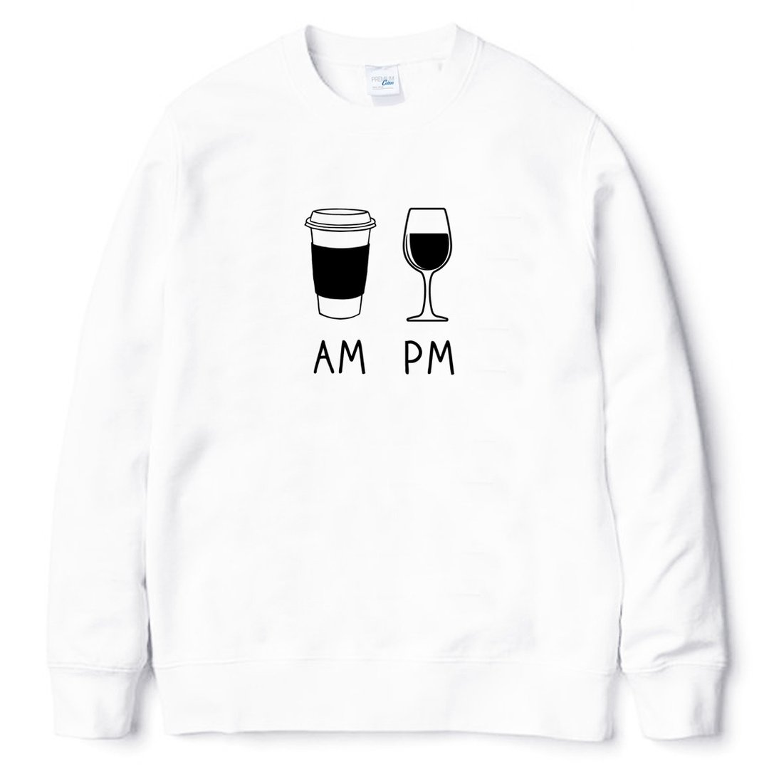 COFFEE AM WINE PM 大学T 刷毛 中性版 白色 咖啡 酒 插画 礼物 - 男装上衣/T 恤 - 棉 白色