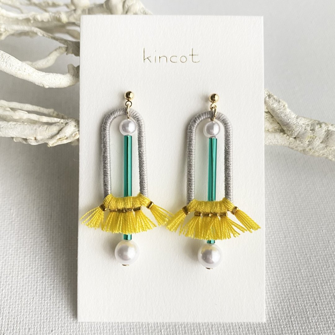 Sabrier earrings Clip-On[gray x yellow] - 耳环/耳夹 - 棉．麻 灰色
