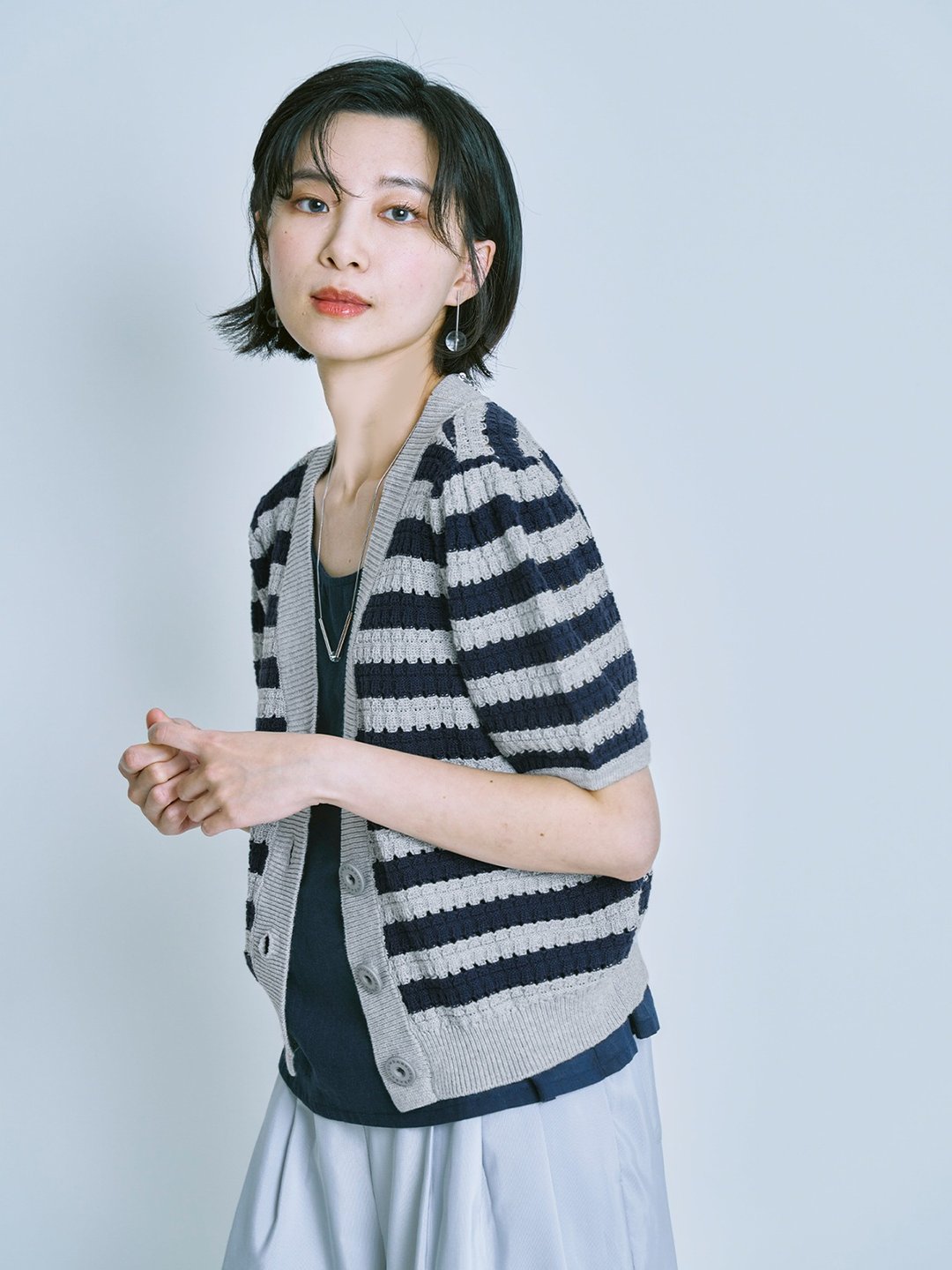 凝岁针织开襟短袖外套-青黛 - 女装针织衫/毛衣 - 棉 蓝色