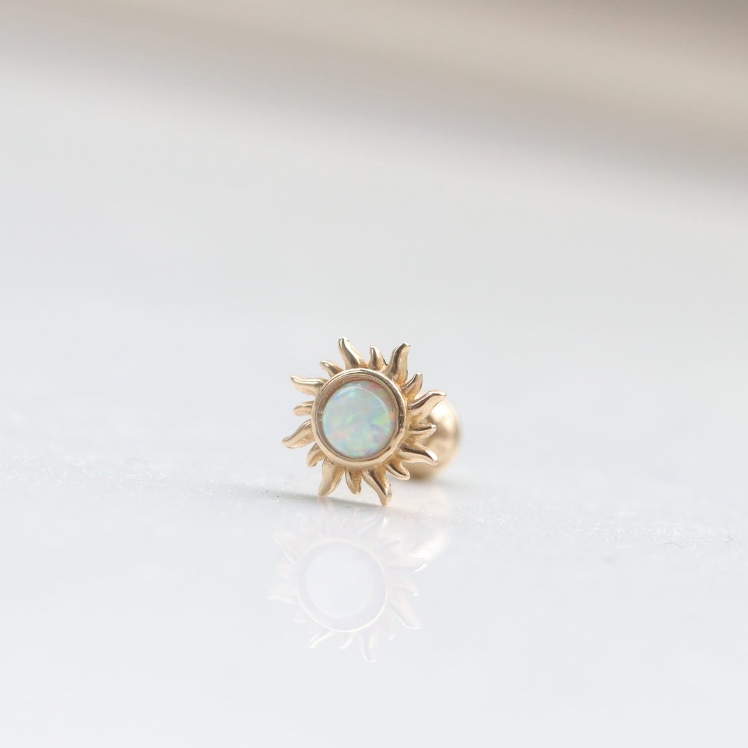14K 太阳蛋白石锁珠耳环(单个)耳骨 耳窝 不退色 - 耳环/耳夹 - 贵金属 金色