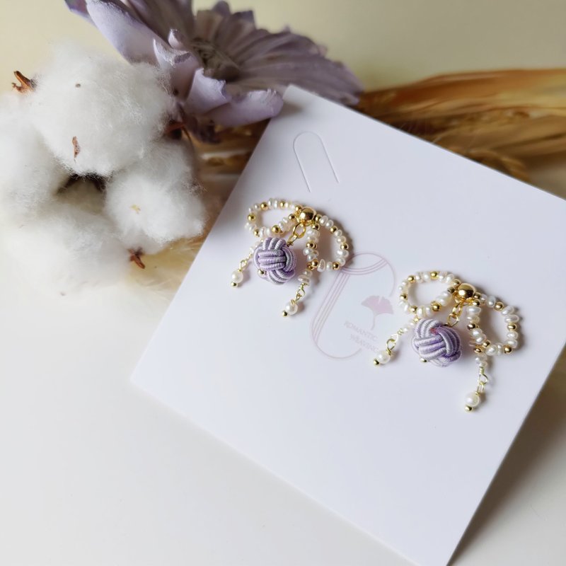 珍珠蝴蝶结编织耳饰 - 耳环/耳夹 - 其他人造纤维 紫色