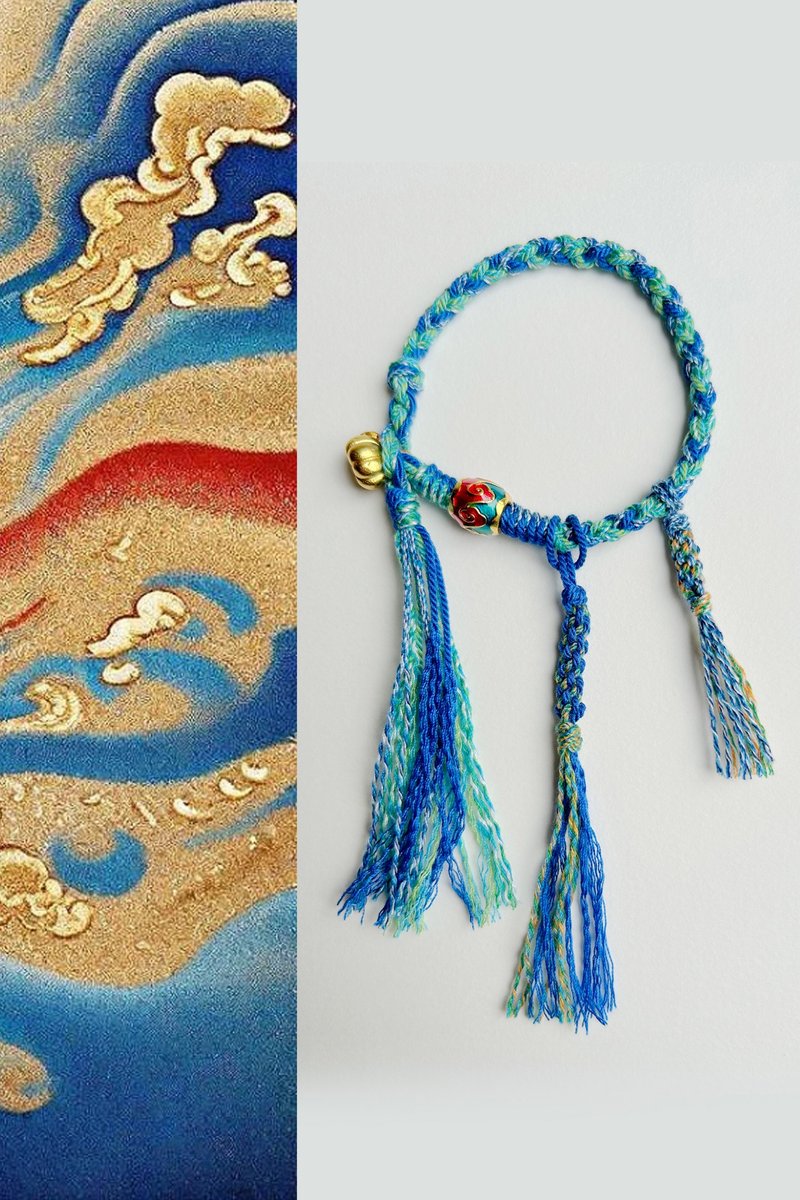 春秋原创 | 雀羽 | 珐琅彩沙金 全手工编绳 | 藏式吉祥手绳 - 手链/手环 - 棉．麻 蓝色