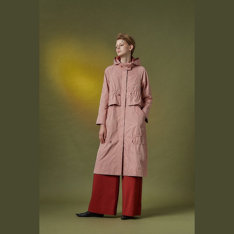 2102D17复古细格纹连帽风衣 - 女装休闲/机能外套 - 聚酯纤维 