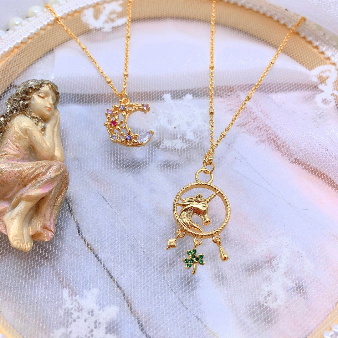 清新童话风。18K镀金月亮独角兽锆石项链 | 50cm - 项链 - 其他材质 粉红色