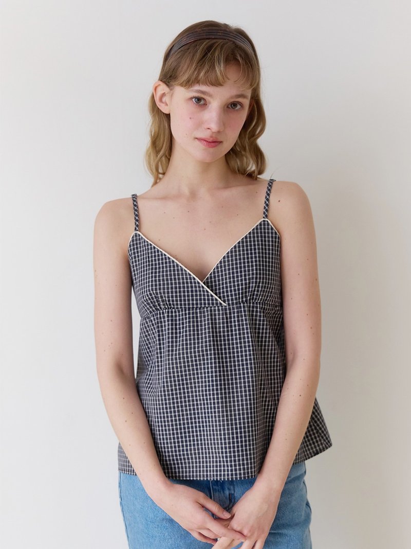 Uze 格纹衬衫_海军蓝 - 女装背心 - 棉．麻 蓝色