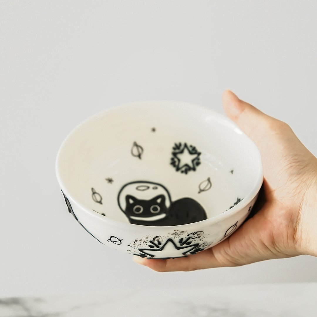手绘黑猫陶瓷碗拉面碗微波炉安全陶器异想天开 - 碗 - 陶 白色