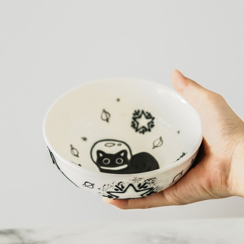 手绘黑猫陶瓷碗拉面碗微波炉安全陶器异想天开 - 碗 - 陶 白色