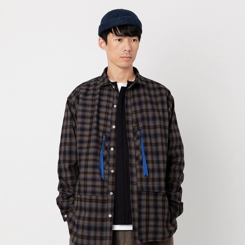 Wide Spread Collar Shirt长袖法兰绒衬衫外套 棕色格子 - 男装衬衫 - 聚酯纤维 