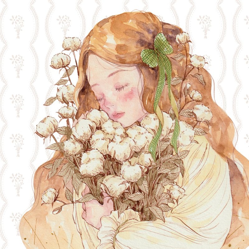 拿着棉花花的少女 - 贴纸 - 纸 