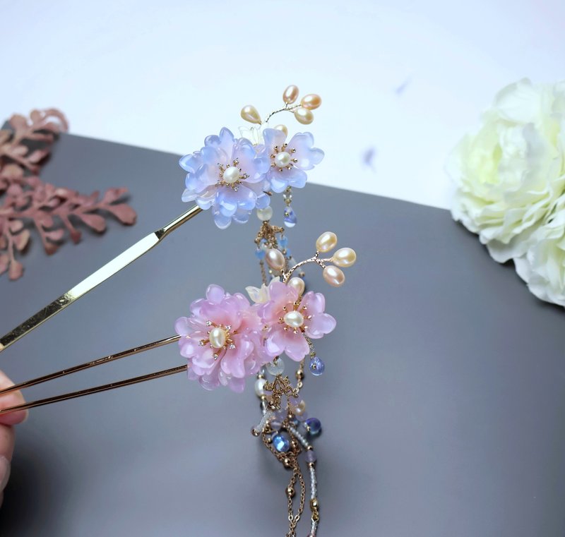 柠檬手作发饰 松叶牡丹发簪 (粉紫、蓝两色 流苏可拆) - 发饰 - 琉璃 粉红色