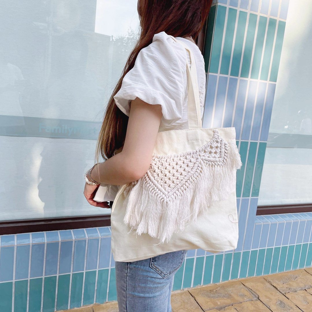 Macrame帆布包【Macrame Tote Bag Canvas】米色横款 - 手提包/手提袋 - 棉 多色