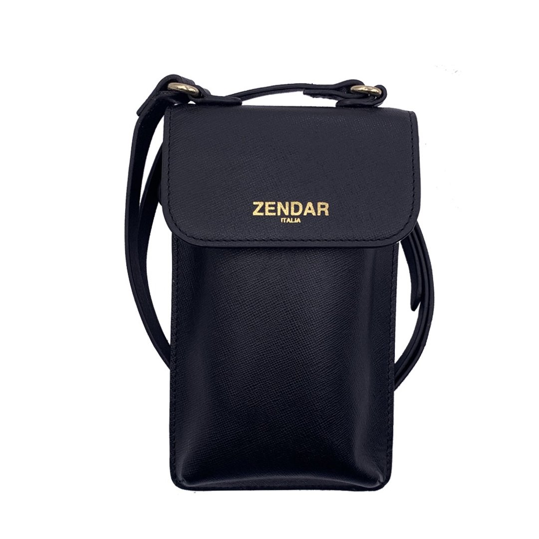 ZENDAR 限量1折 顶级小牛皮十字纹手机包 全新专柜展示品 - 侧背包/斜挎包 - 真皮 黑色