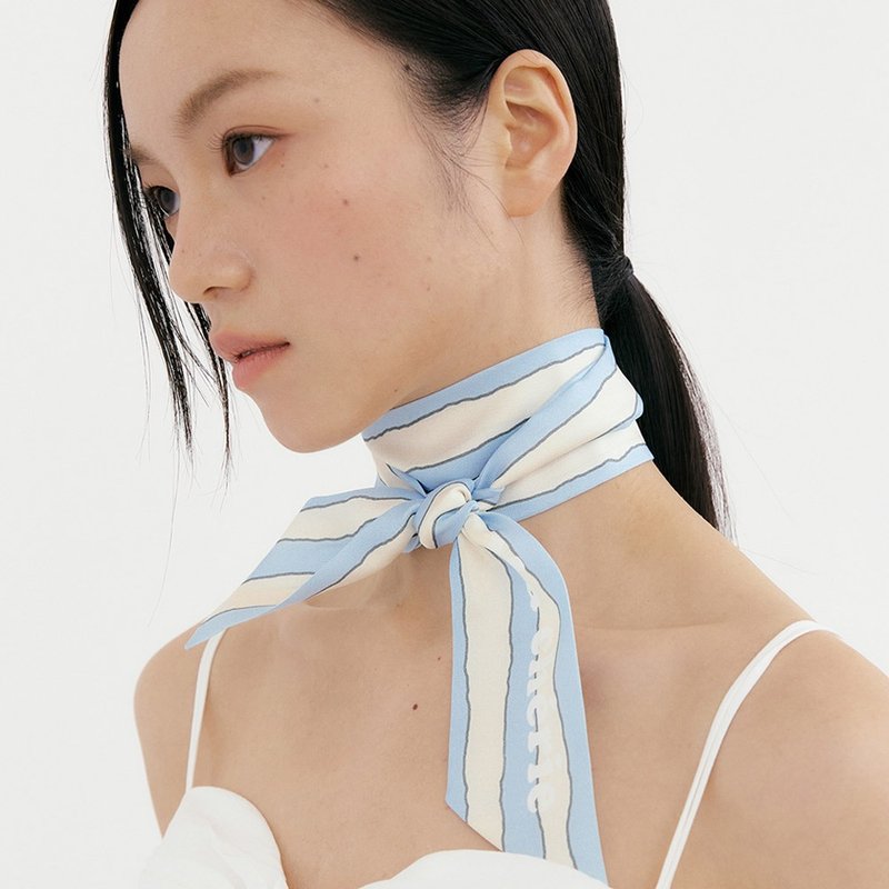 【Ven & Qu】Ma Chérie 蓝奶油条纹丝巾 6×110 cm - 丝巾 - 丝．绢 蓝色