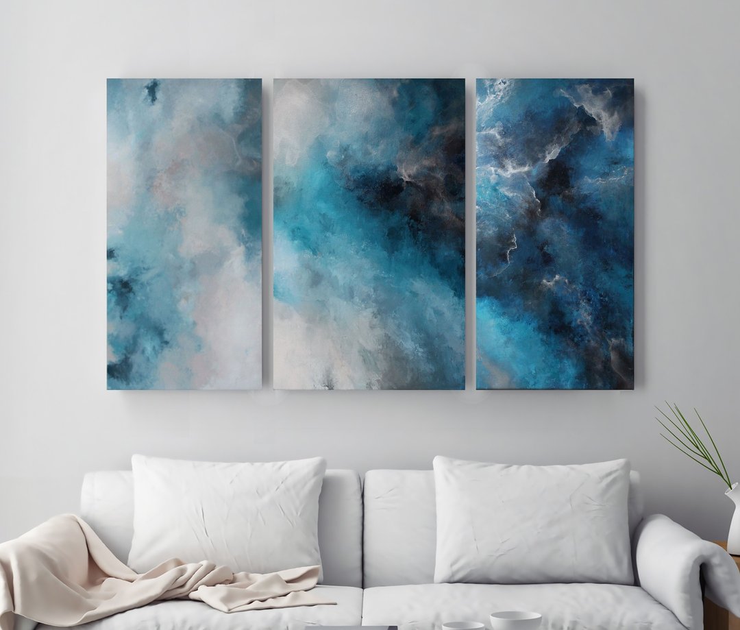 海军主题绘画 | 海军墙面三联画 | 一套 3 幅墙面艺术《沙尘暴 2》三联画 - 墙贴/壁贴 - 棉．麻 蓝色