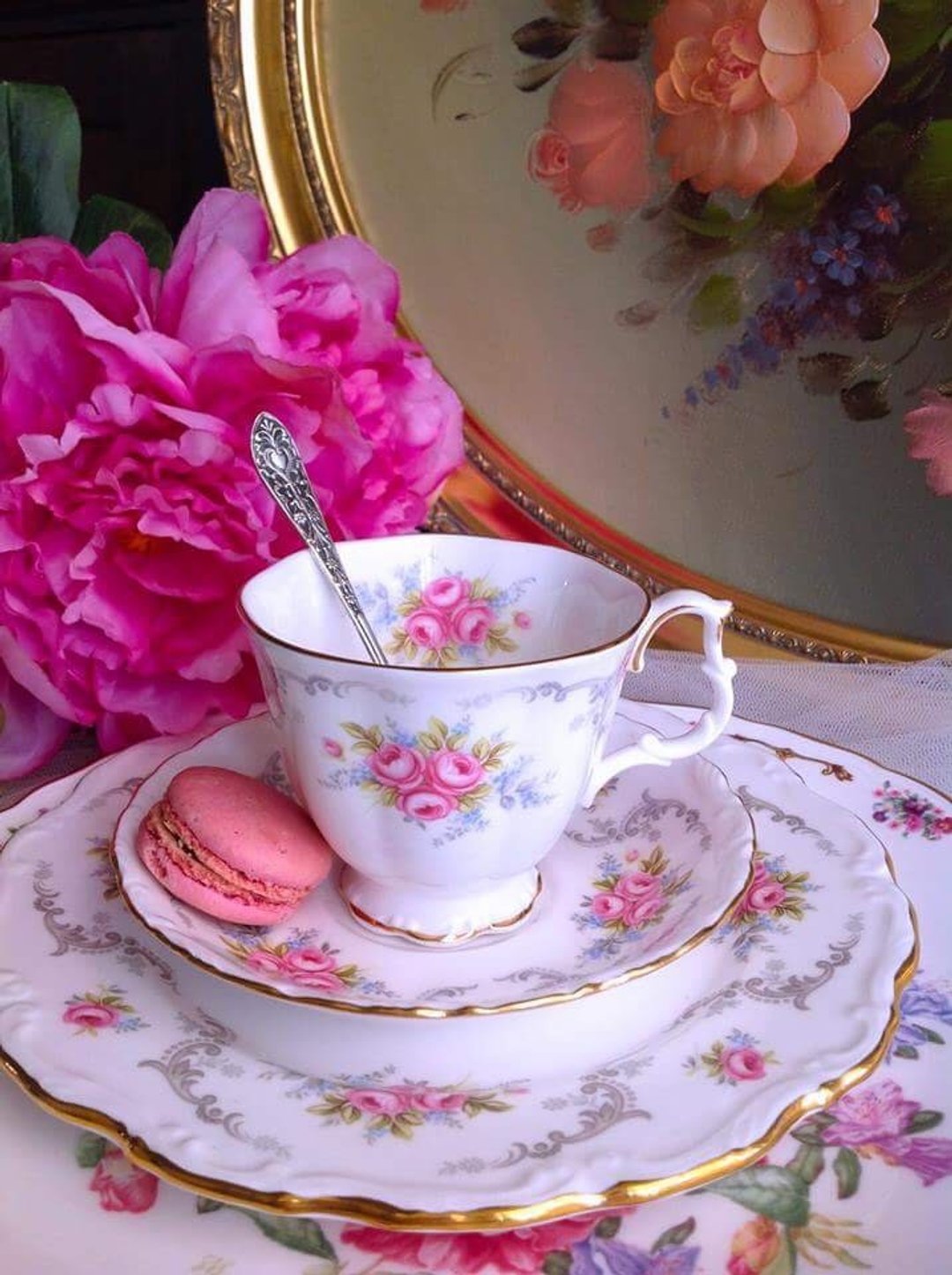 英国骨瓷 Royal Albert 22k 镶金Tranquility 玫瑰园 咖啡杯两件~ - 茶具/茶杯 - 瓷 