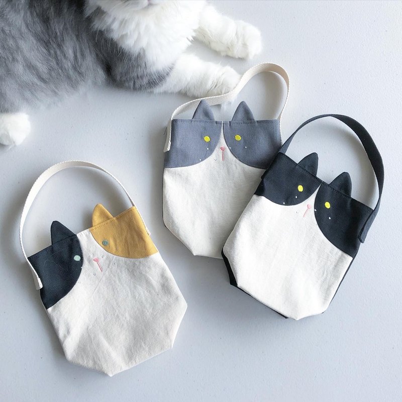 三花。奔驰。猫猫。全个饮料袋。定制。绣字。绣图 - 随行杯提袋/水壶袋 - 棉．麻 多色