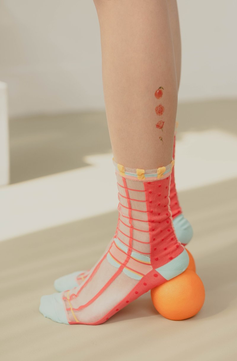 几何系列 | 深桃 -【台湾制】点点格子透纱中筒袜 - 袜子 - 尼龙 多色