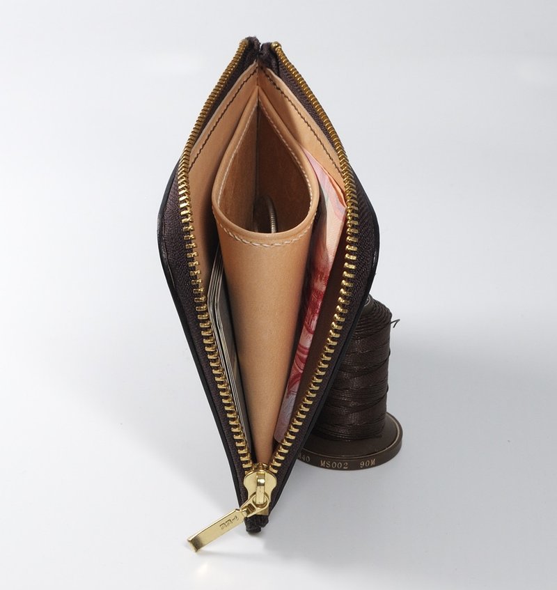 L型拉链短夹 零钱包 咖啡色 撞色版  可定制化 - 皮夹/钱包 - 真皮 咖啡色