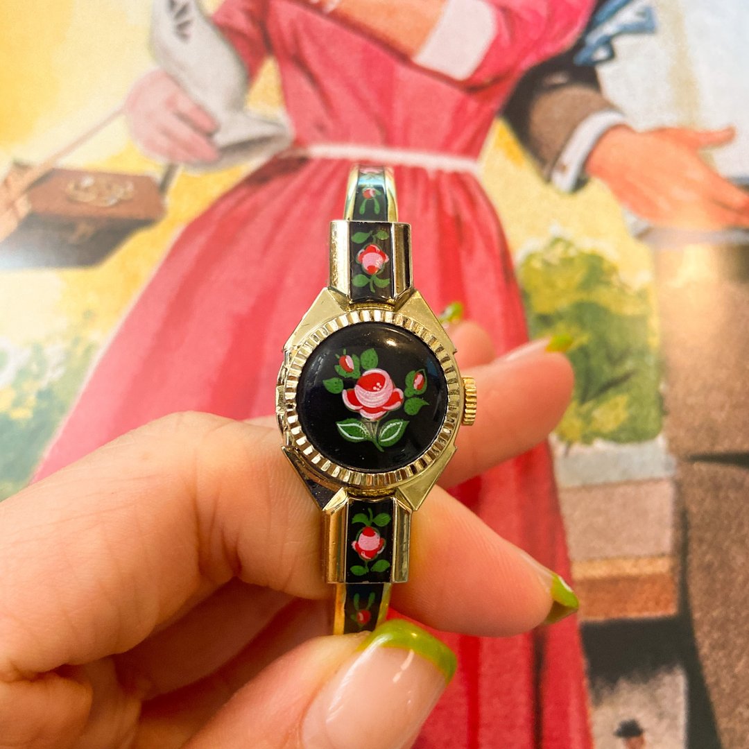 中古玫瑰揭盖式上链手扼表(坏的) (瑞士制造) - 女表 - 其他金属 黑色